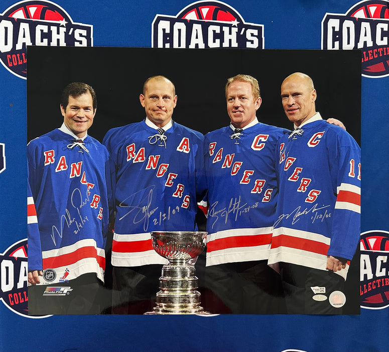 Mark Messier, Brian Leetch, Adam Graves & Mike Richter QUAD Autographed 16x20 Photo with Multi Inscr (Fanatics/Steiner)