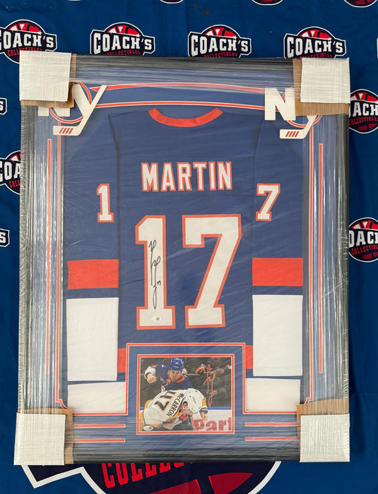 FRAMED Matt Martin Autographed CUSTOM NY Islanders Blue Home Jersey w/ Autographed 8x10 Photo (JSA)
