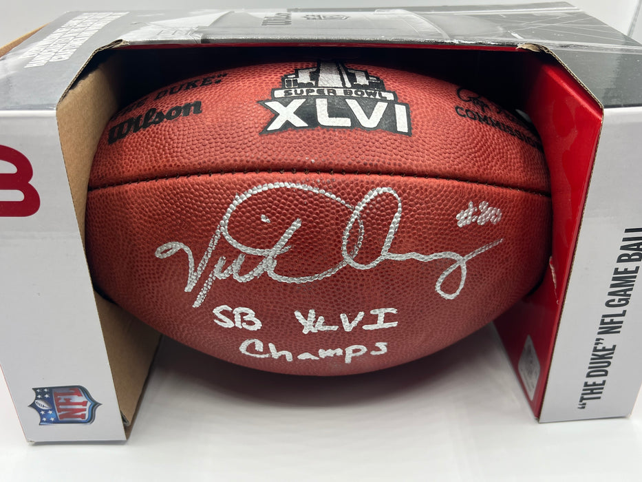 Victor Cruz Autographed NFL Official "The Duke" SB XLVI Football wiTH SB XVLI Champs Inscr (Beckett)