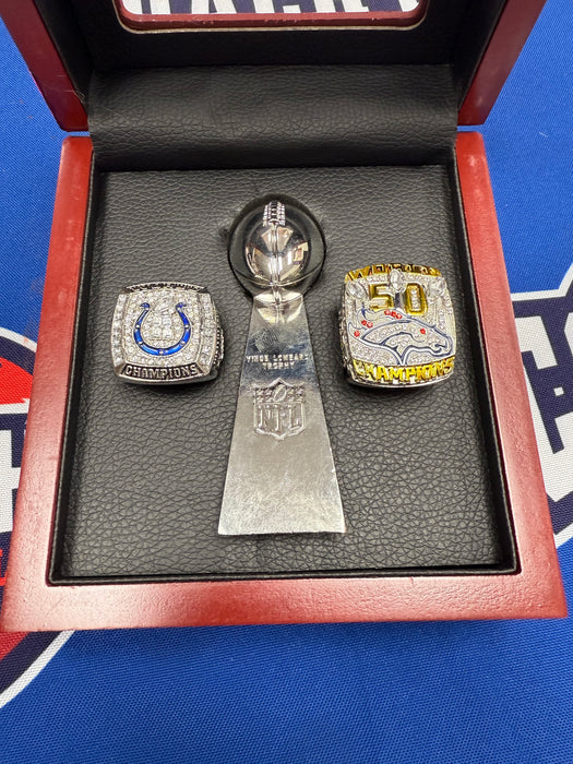 Peyton Manning 3pc Replica Super Bowl Ring & Trophy with Display Box