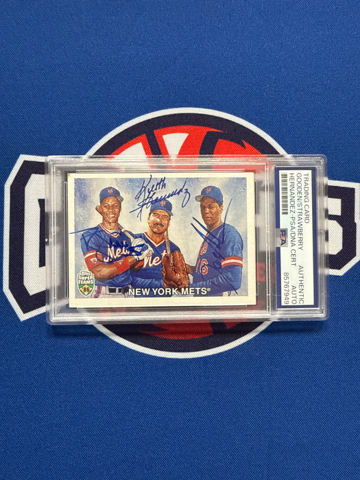 Keith Hernandez, Darryl Strawberry & Dwight Gooden Triple Autographed 2002 Topps Super Team Slabbed Trading Card (PSA Slab)