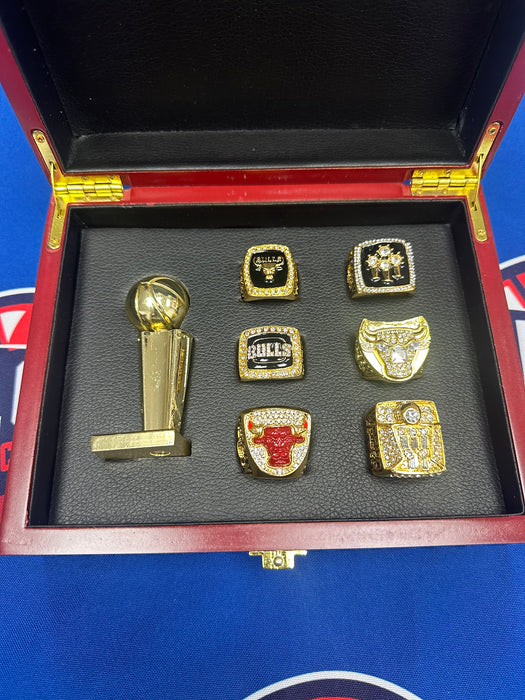 Chicago Bulls 6pc Replica NBA Championship Ring Set w/ Trophy & Display Box