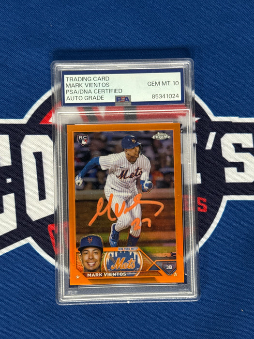 Mark Vientos Autographed Orange /25 2023 Slabbed Topps Chrome Rookie Card Gem 10 Auto (PSA SLAB)