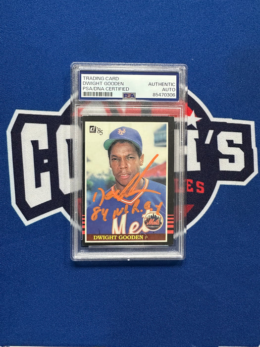 Dwight "Doc" Gooden Autographed 1984-85 Donruss Rookie Slabbed Card w/ Inscr (PSA Slab)