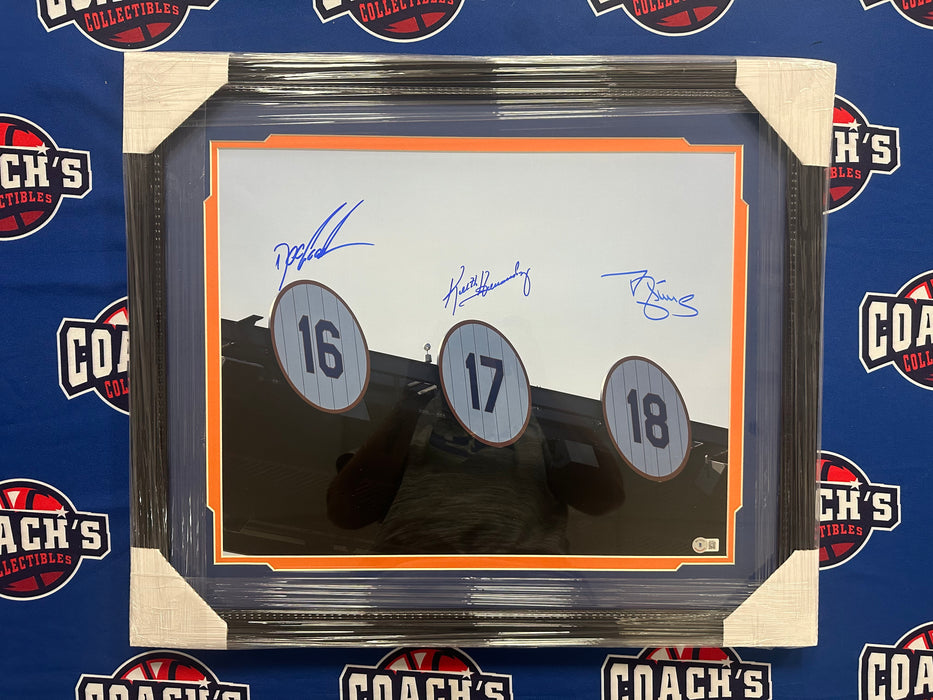 FRAMED Keith Hernandez. Darryl Strawberry, Dwight Gooden Autographed 16x20 Retired Rafter Numbers Photo (Beckett)