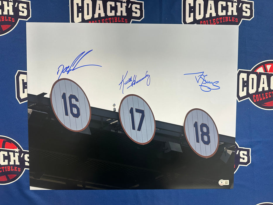 Keith Hernandez. Darryl Strawberry, Dwight Gooden Autographed 16x20 Retired Rafter Numbers Photo (Beckett)