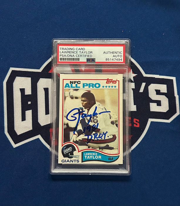 Lawrence Taylor Autographed & Slabbed 1982 Topps Rookie Card w/ Inscr (PSA Slab)