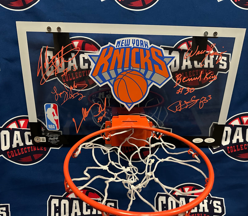 Patrick Ewing, Bernard King, John Starks, Larry Johnson, Walt Frazier & Charles Oakley Autographed NY Knicks Mini Backboard (JSA)