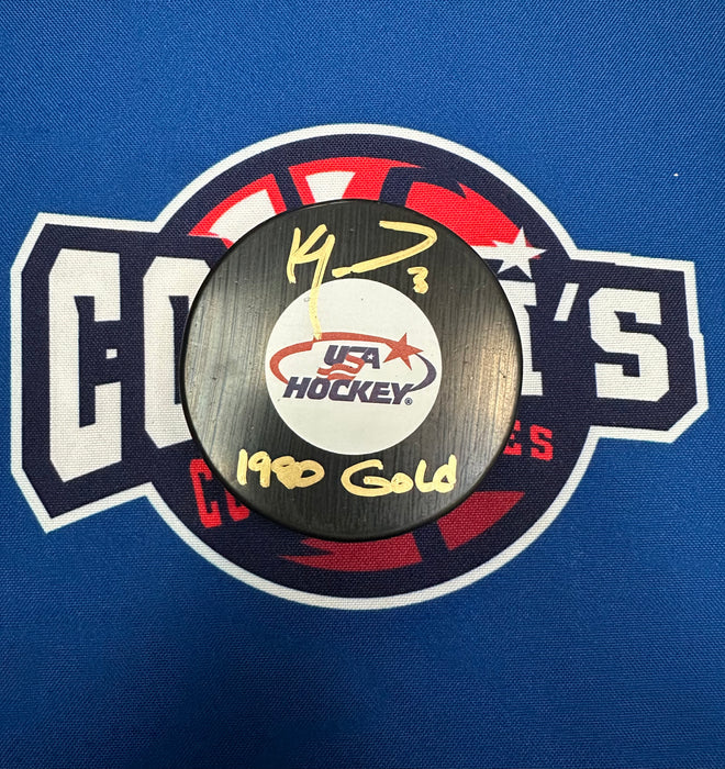 Ken Morrow Autographed USA Hockey Puck with 1980 Gold Inscription (JSA)