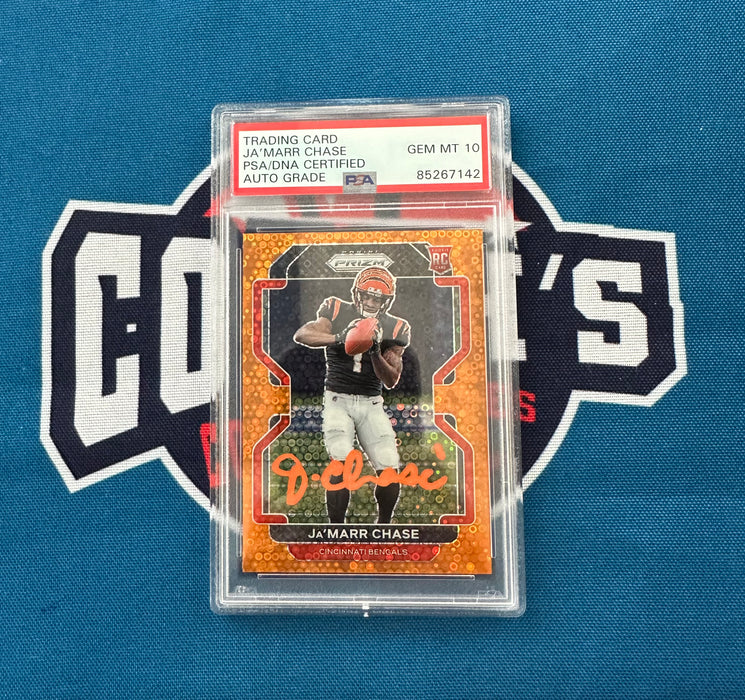 Ja'Marr Chase Autographed 2021 Panini Prizm Orange Disco Rookie Card #337 Gem 10 Auto (PSA Slab)