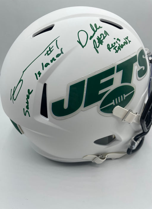 FULLY LOADED Darrelle Revis & Sauce Gardner DUAL Autographed NY Jets Flat White Full Size Replica Helmet w/ Inscriptions (Beckett)
