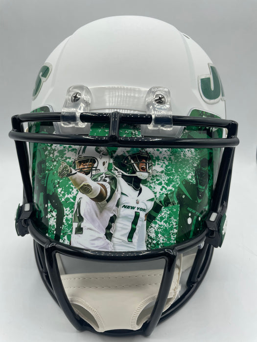 FULLY LOADED Darrelle Revis & Sauce Gardner DUAL Autographed NY Jets Flat White Full Size Replica Helmet w/ Inscriptions (Beckett)