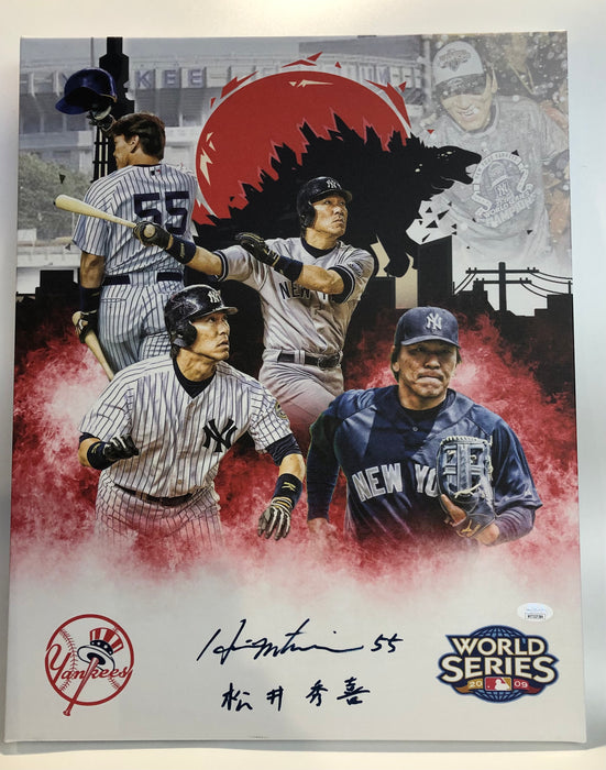 Hideki Matsui Autographed 16x20 Custom Graphic Collage Wrapped Canvas w/ Kanji Inscription (JSA)