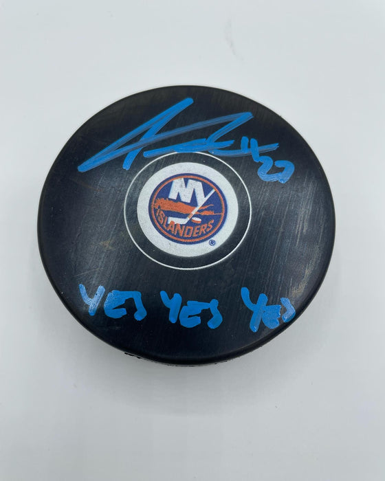 Anders Lee Autographed NY Islanders Logo Puck w/ Yes Yes Yes Inscription (Beckett)