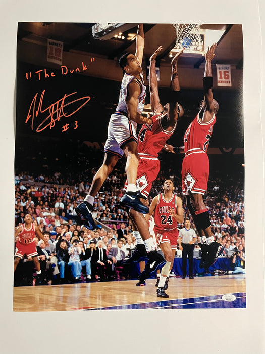 John Starks Autographed The Dunk 16x20 Photo with The Dunk Inscription (JSA)