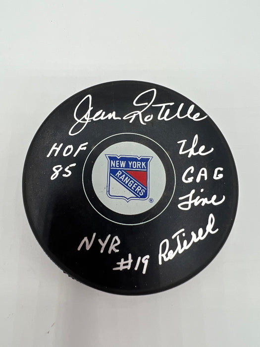 Jean Ratelle Autographed NY Rangers Puck with Multiple Inscr (JSA)