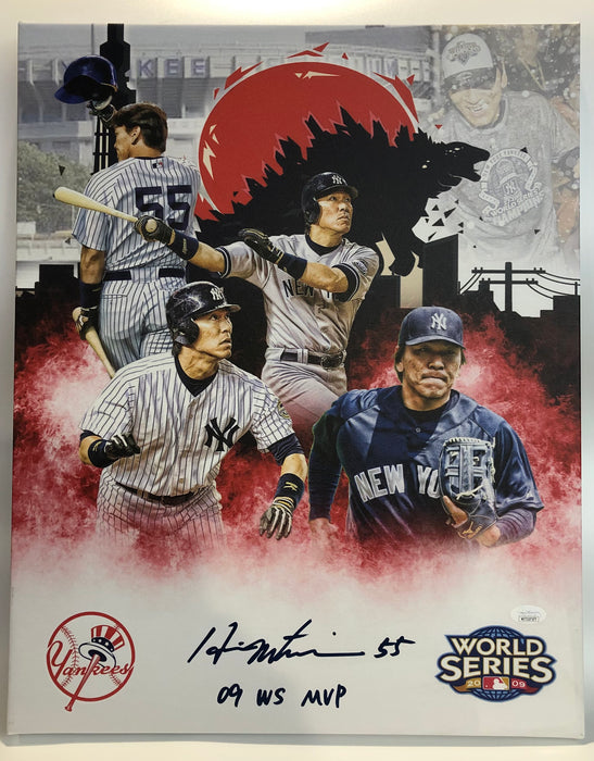 Hideki Matsui Autographed 16x20 Custom Graphic Collage Wrapped Canvas with 09 WS MVP Inscription (JSA)