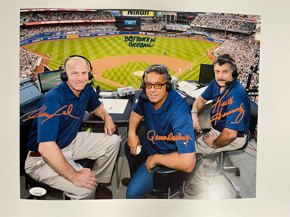 Gary Cohen, Ron Darling, Keith Hernandez Triple Autographed 11x14 Photo with Inscription (JSA)