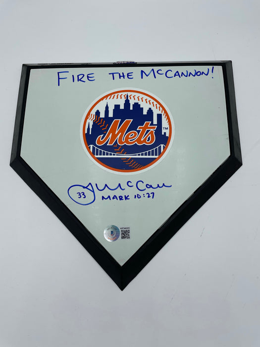 James McCann Autographed Mini Mets Home Plate with Fire the McCannon! Inscription (Beckett)