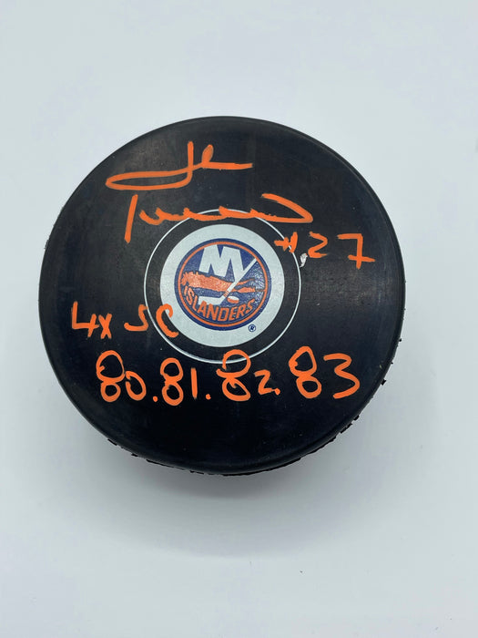 John Tonelli Autographed NY Islanders Puck w/ 4x SC 80, 81, 82, 83 Inscription (JSA)