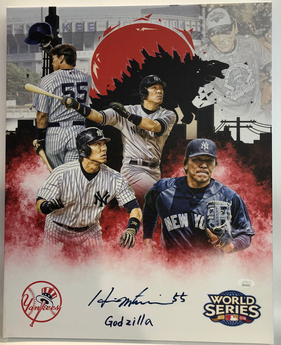 Hideki Matsui Autographed 16x20 Custom Graphic Collage Wrapped Canvas with Godzilla Inscription (JSA)
