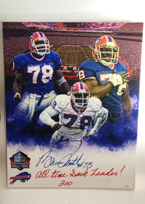 Bruce Smith Autographed 16x20 Custom Graphic Collage Wrapped Canvas with All Time Sack Leader 200 Inscription (JSA)