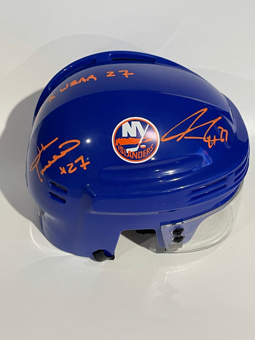John Tonelli & Anders Lee Dual Autographed NY Islanders Blue Mini Helmet with Last to Wear 27 Inscription(Beckett)
