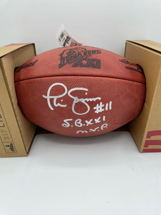Phil Simms Autographed Super Bowl XXI Official The Duke Football with SB XII MVP Inscription (JSA)