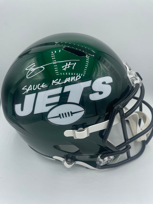 Sauce Gardner Autographed NY Jets Speed Replica Helmet w/ Sauce Island Inscription (Beckett)