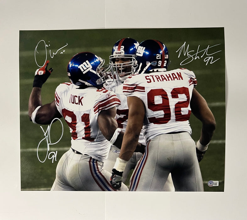 Michael Strahan, Osi Umenyiora & Justin Tuck TRIPLE Autographed 16x20 SB XLII Photo (Beckett)