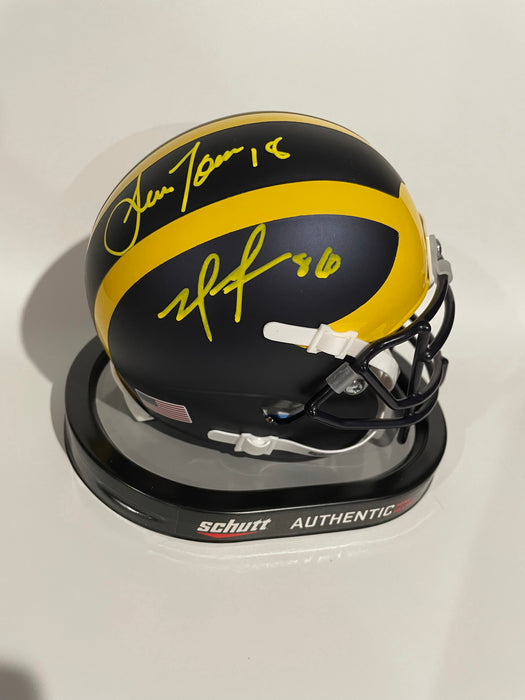 Dual Amani Toomer & Mario Manningham Autographed Michigan Wolverines Schutt Mini Helmet (JSA)