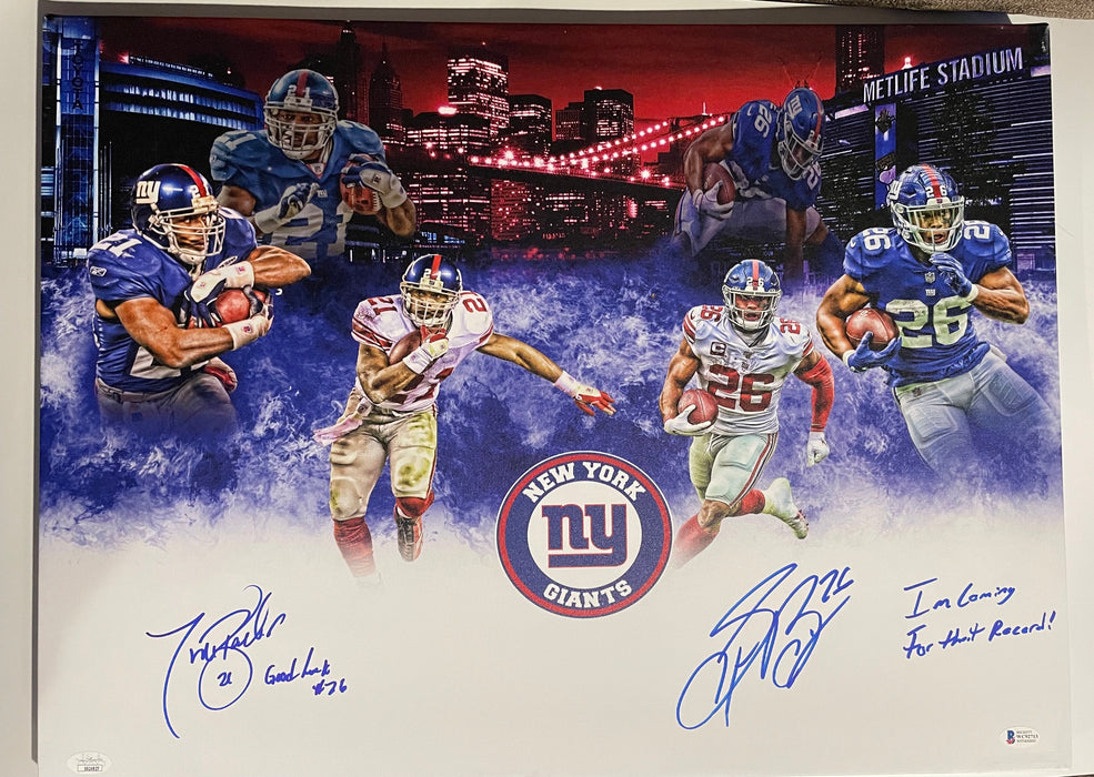Saquon Barkley & Tiki Barber Dual Autographed Custom Graphic 18x24 Wrapped Canvas with Multiple Inscriptions (JSA/Beckett)