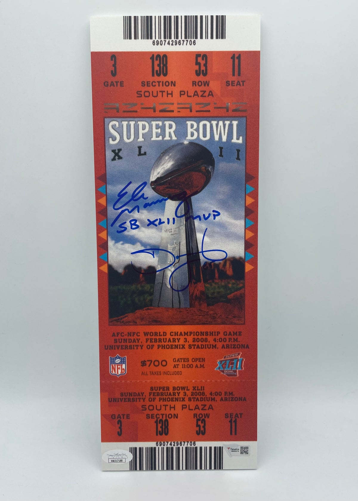 Eli Manning New York Giants Autographed Super Bowl XLII Ticket