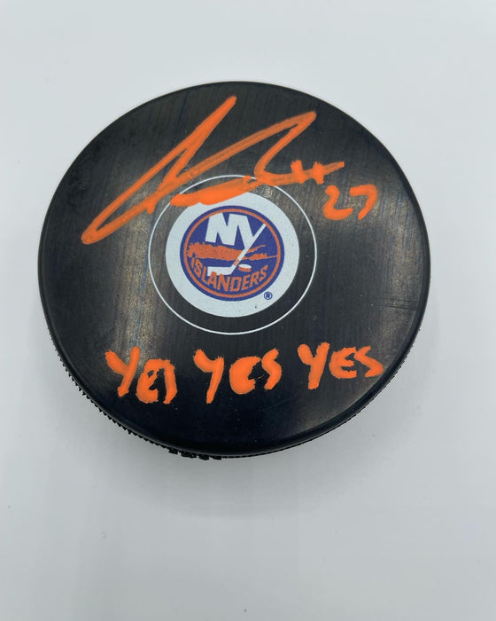 Anders Lee Autographed NY Islanders Logo Puck w/ Yes Yes Yes Inscription (Beckett)