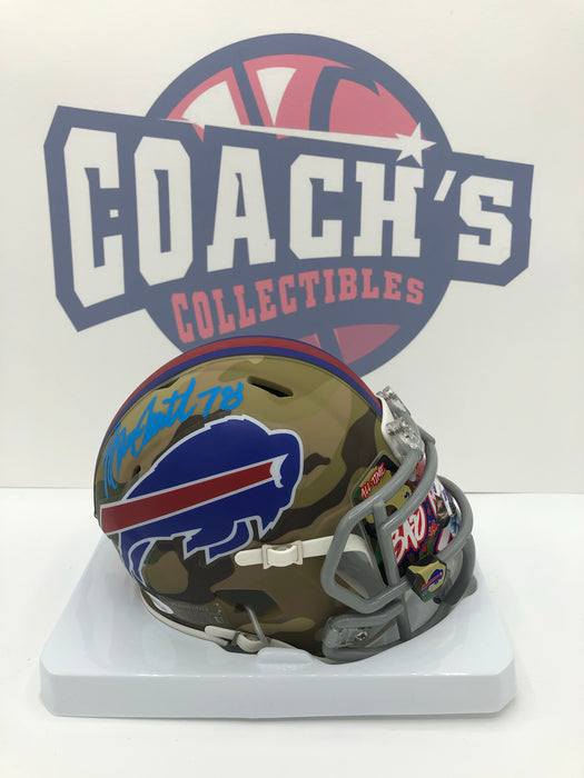 bruce smith signed helmet Bruce Smith Autographed Camo Alternate Mini Helmet with Custom Graphic — Coach's Collectibles