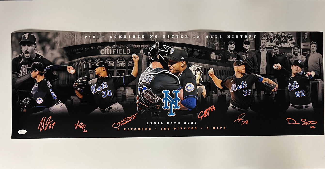 NY Mets Combined No Hitter 6 Autograph 36x12 Custom Edit Panoramic Photo (JSA)