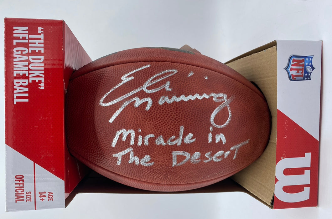 Eli Manning Autographed NFL Official "The Duke" SB XLII Football with Miracle in the Desert Inscription (Fanatics)