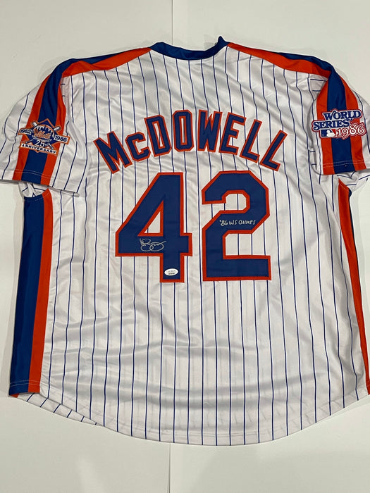 Roger McDowell Autographed Custom NY Mets Jersey with 86 WS Champs Inscr (JSA)