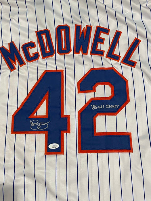 Roger McDowell Autographed Custom NY Mets Jersey with 86 WS Champs Inscr (JSA)