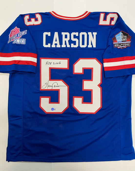 Harry Carson Autographed NY Giants CUSTOM Blue Home Jersey with Patches & HOF 2006 Inscription (Beckett)