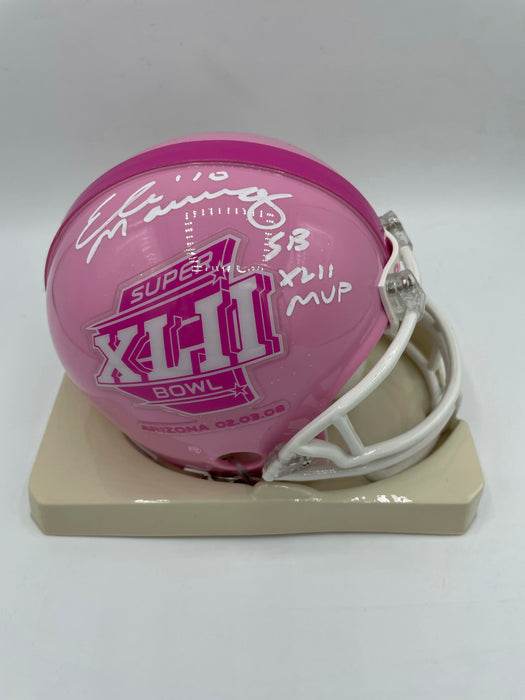 Eli Manning Autographed SB XLII PINK Breast Cancer Awareness Mini Helmet with SB XLII MVP Inscription (Fanatics)