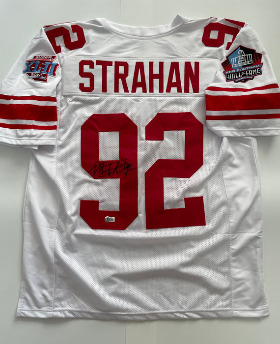 Michael Strahan Autographed NY Giants CUSTOM White Road Jersey with SB XLII Patch on Sleeve (Beckett)