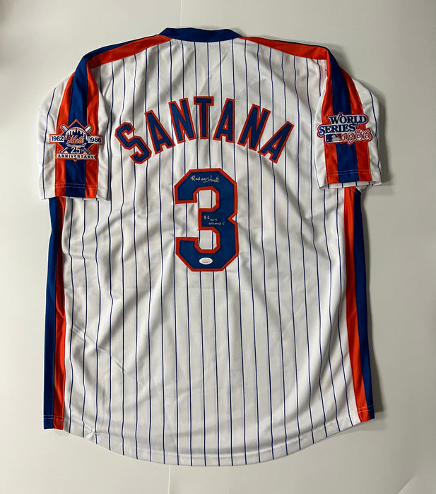 Rafael Santana Autographed Custom NY Mets Jersey with 86 WS Champs Inscr (JSA)