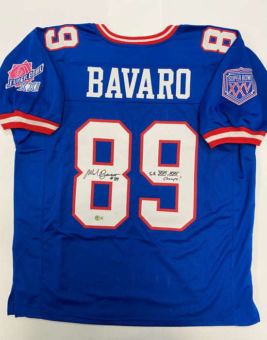 Mark Bavaro Autographed NY Giants CUSTOM Blue Home Jersey with Patches & SB XXI, XXV Champs Inscription (Beckett)