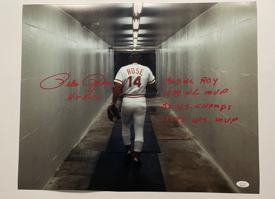 Pete Rose Autographed 16x20 Tunnel Photo with Multiple Inscriptions (JSA)