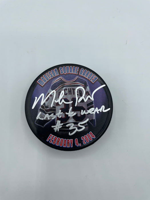 Mike Richter Autographed Jersey Retirement Special Edition Puck with Inscription (Beckett)