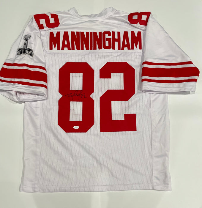 Mario Manningham Autographed NY Giants CUSTOM White Road Jersey with SB XLVI Patch on Sleeve (JSA)