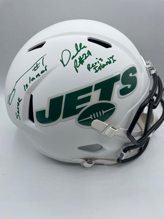 Darrelle Revis & Sauce Gardner DUAL Autographed NY Jets Flat White Full Size Replica Helmet w/ Inscriptions (Beckett)