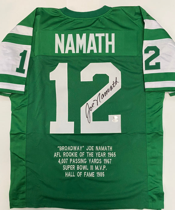 Joe Namath Autographed NY Jets CUSTOM Home Green Jersey with Stats (JSA/Namath)